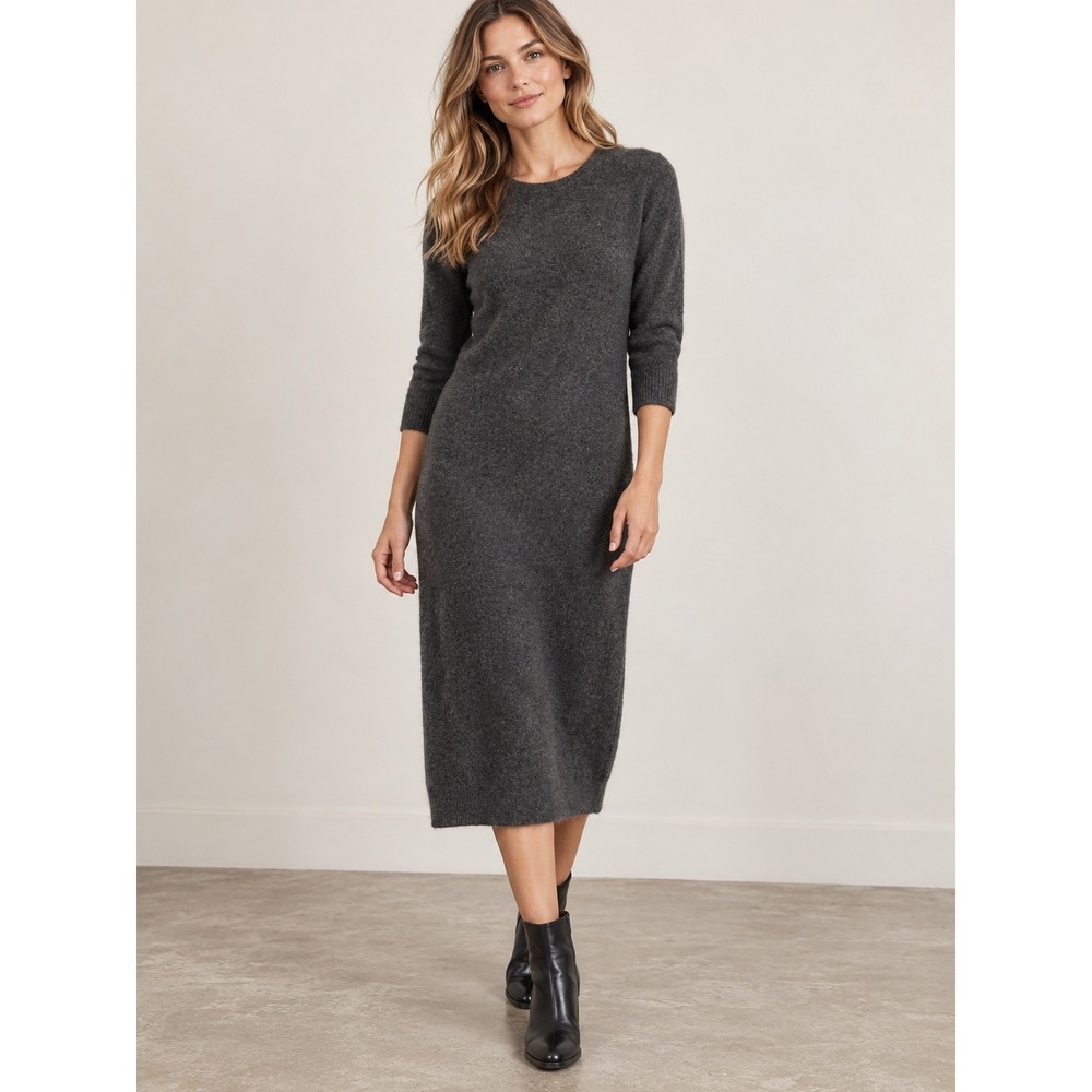 J. Jill Cashmere Sweater Dress Gray 100% Cashmere Midi Crew Neck 3/4 Sleeve SP